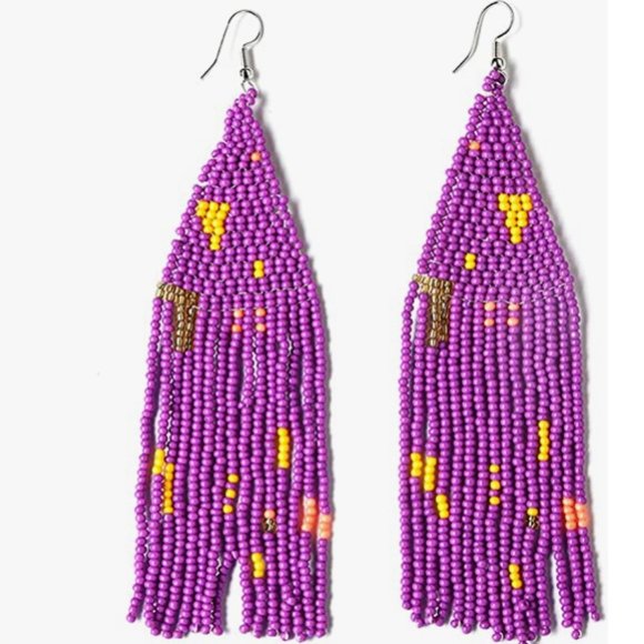 Long 5" Multicolor Abstract Purple Handmade Beaded Oversized Boho Earrings New - Picture 2 of 4